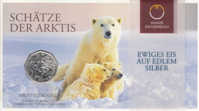 (026, Ag) Монета Австрия 2014 год 5 евро &quot;Приключения в Арктике&quot;  Серебро Ag 800  Буклет